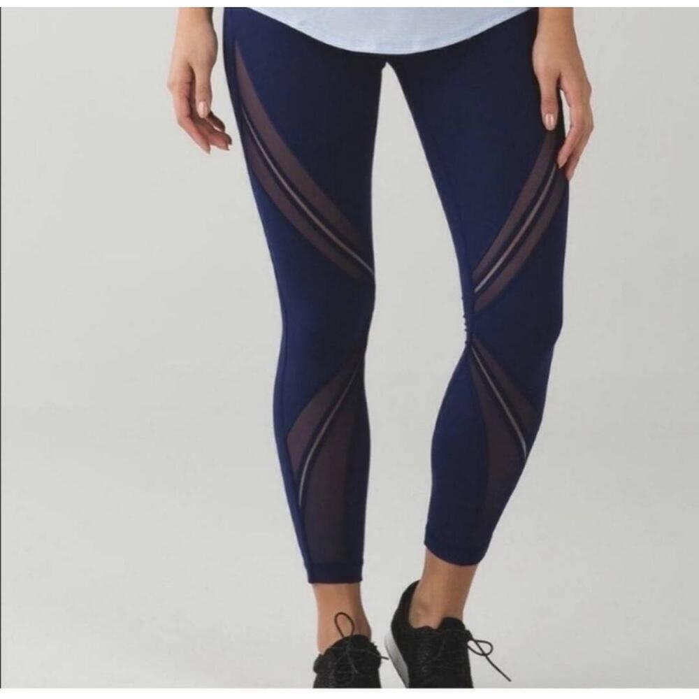 Lululemon High Times Pant Hero Blue Mesh High Rise Leggings Yoga 7/8 size 6